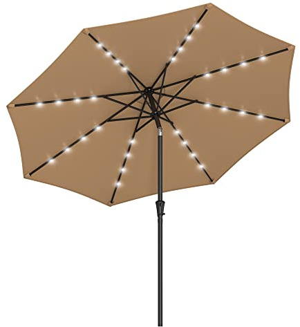 SONGMICS Sombrilla de Jardín 300 cm con 32 Luces LED de Energía Solar, UPF 50+, Parasol, Inclinación de 30°en dos Direcciones, para Patio, Terraza, Balcón, Piscina, sin Base, Topo GPU33BR