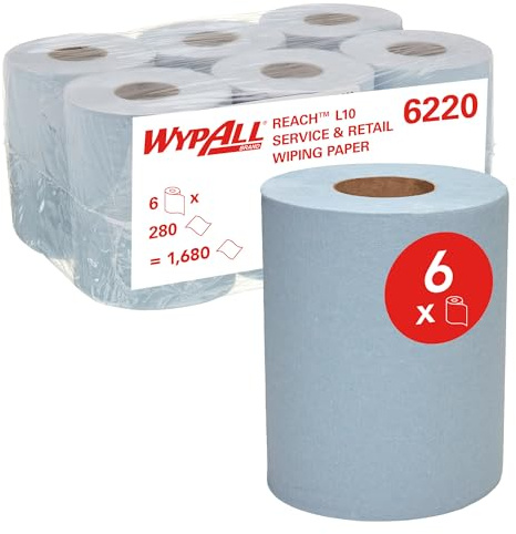 WypAll L10 Papier-Reinigungstücher für Service u. Einzelhandel 6220 – 1-lagige blaue Rolle mit Zentralentnahme – 6 Rollen mit Zentralentnahme x 280 Papier-Wischtücher (insges. 1.680)
