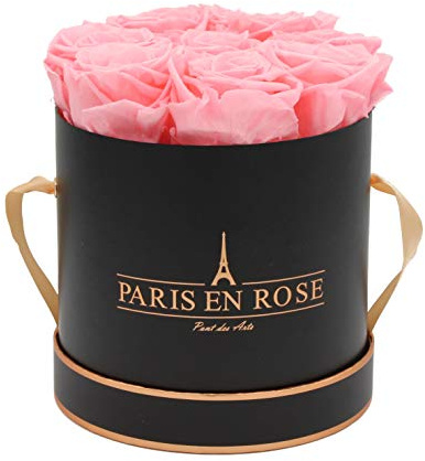 PARIS EN ROSE Rosenbox | mit 9 rosa Infinity Rosen Größe XL | konservierte ewige Rose | runde Schwarz-Roségold Box | 3 Jahre haltbar | Grußkarte
