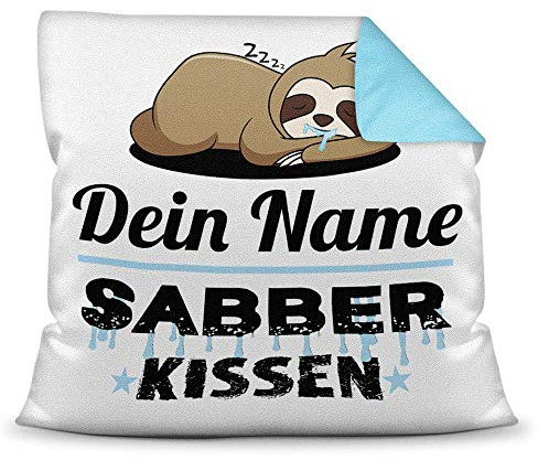 Kissen inkl. Füllung Faultier PERSONALISIERT mit WUNSCHNAME für Ihn - Sein Name Sabberkissen - Kuschelkissen / Lustige Geschenkidee für Männer / Freund / Geburtstag - Farbkissen Rückseite Hellblau