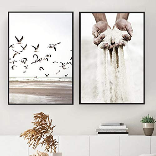XIANGPEIFBH Nordic Modern Style Flying Birds Sand Hände Surf Girl Mode PosterCanvas Bild für Wohnzimmer dekorative Malerei 30x40cmx2pcs Ungerahmt