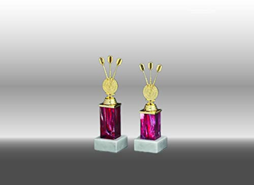 Henecka 🎯 Ladies Figurencup wählbar in 2 Größen, Dart-Trophäe, Dartpfeile-Cup Gold & pink auf Marmorsockel, mit Wunschgravur (Komplettfigur Dartpfeile 239mm)