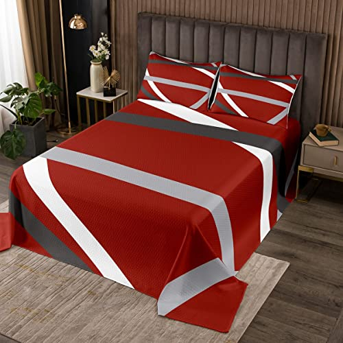 feelingyou Rote Tagesdecke 170×210 cm,Schwarz-Graue Streifen Tagesdecke Set für Kinder Mädchen Schlafzimmer Dekor,Retro Modern Muster Dekorative Mikrofaser gesteppt mit 1 Kissenbezug, 2 Stück