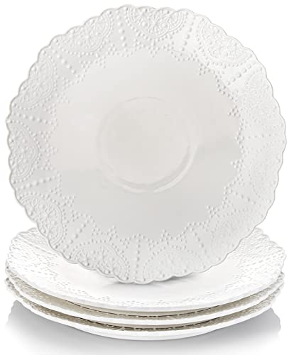 AVLA 4 Pack Ceramic Dinner Plates, Large Porcelain Serving Dish, 11.5 In White Round Salad Dessert Plate for Restaurant, Kitchen, Party, Microwave Dishwasher Oven Safe, Embossed Lace Pattern