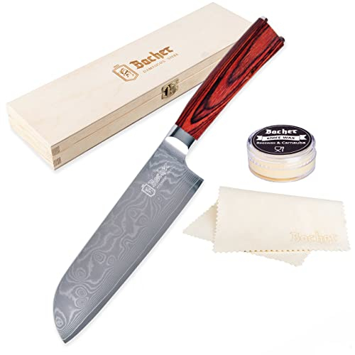 Bacher Santoku Damascus Knife 7 inch - Chef Knife Forged from 67 Layers of AUS10V - Sharp, Premium Kitchen Knife from Japanese Damascus Steel with Pakkawood Handle for Easy Cooking and Chopping