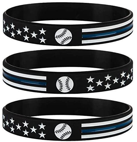 Sainstone Baseball Motivational Silicone Bracelets with American Flag Blue, Thin Blue Line Inspirational Rubber Wristbands Gifts for Men, Women and Sport Fans (Unisex)