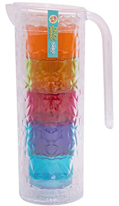 Clear Plastic Pitcher with 4 Tumbler Glasses Reusable Summer Party BBQ Jug Cups