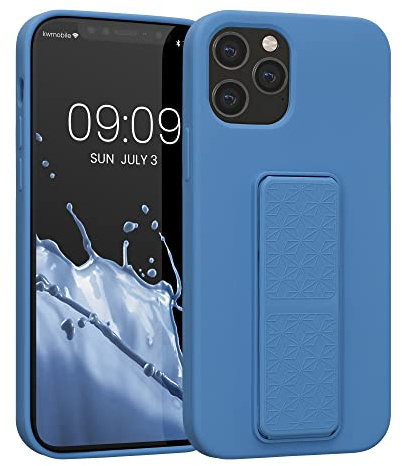 kwmobile Case for Apple iPhone 12 / iPhone 12 Pro Case - Soft TPU Cover with Silicone Coating - With Hand Strap and Stand Function - Shockproof - Caribbean Blue