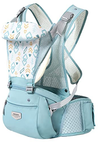 SUNVENO Babytrage Ergonomisch，Baby Carrier mit Abnehmbarer Kapuze, Hüftsitz baby mit Speicheltuch, 3in1 Babybauchtragen für Baby 3-36 Monate, Babyrückentragen 0-20Kg (Grün Druck)