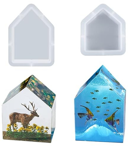 Rolin Roly 2PCS Haus Silikon Haus Silikonform Raysin Feenhäuser Geometrie Kristall Epoxidform House Schmuckformen für Handgemachtes DIY Handwerk (2PCS House Molds)