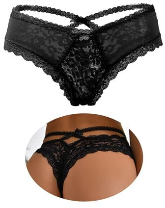 comeondear French Knickers for Women Cross Bands V-Shaped Design on the Back Lace Thongs Knickers Low Tangas Cheeky Panties Soft Stretchy Plus Size Low Waist Briefs Black 12 14