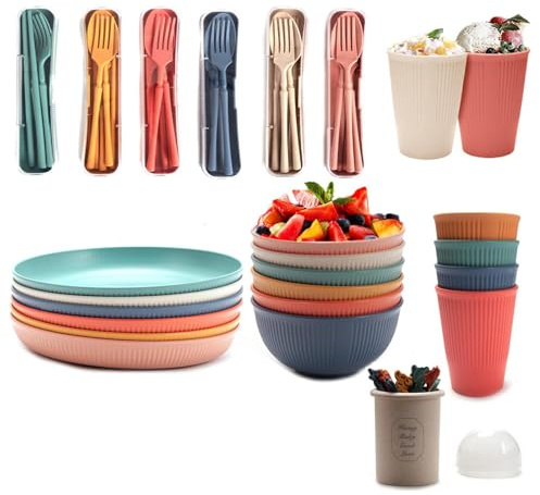 BERRYLION 60Pcs Plastic Dinnerware Sets for 6, Unbreakable Colorful Dinner Dishes, Reusable Lightweight Serving Plates Bowls Cups Forks Tableware Set, Perfect for Camping, Picnic, Parties,RV, BBQ