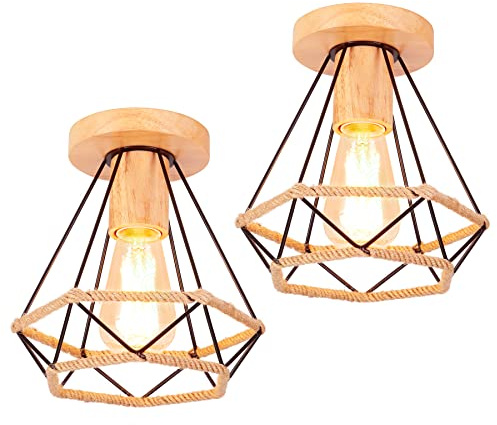 iDEGU 2 Stücke Deckenleuchten aus Holz und Eisen Vintage Lampe im Industrie Design Schwarz Lampenschirm mit Hanfseil E27 Pendelleuchte Retro Deckenlampe für Flur, Küche, Wohnzimmer (Käfig-C 20cm)