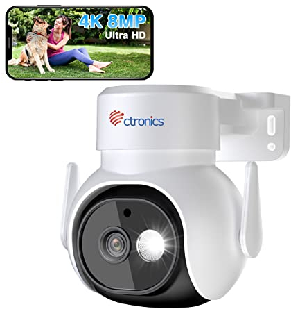 Ctronics 4K 8MP Telecamera Wi-Fi Esterno con Faretto, 2,4/5Ghz WiFi PTZ IP Videocamera di Sorveglianza con Rilevamento Persone/Veicoli/Animali Auto Tracking 30m Visione Notturna a Colori IP66