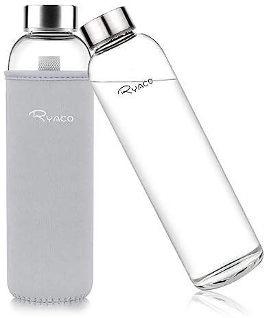 Ryaco Bottiglia d'Acqua 1000 ml/1L, Borraccia Vetro Portatile con Guaina per Bevande Calde e Fredde, Senza BPA, Borraccia in Vetro con Pennello in Spugna, Lavabile in Lavastoviglie