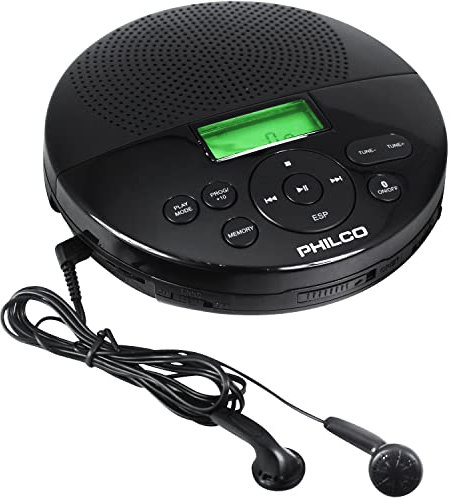 Philco Bluetooth Personal CD Player - MP3 Playback, FM Radio, 60s Anti-Shock, Built-in Speaker, Headphones Included