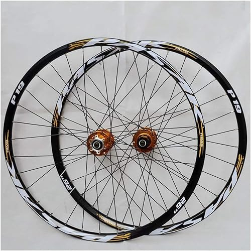 Mountainbike-Laufradsatz, 29/26/27.5 Zoll Fahrrad Laufrad (vorne + hinten) Doppelwandig Aluminiumlegierung MTB-Felge Schnelle Veröffentlichung Scheibenbremse 32H 7-11 Geschwindigkeit,Gold,26in