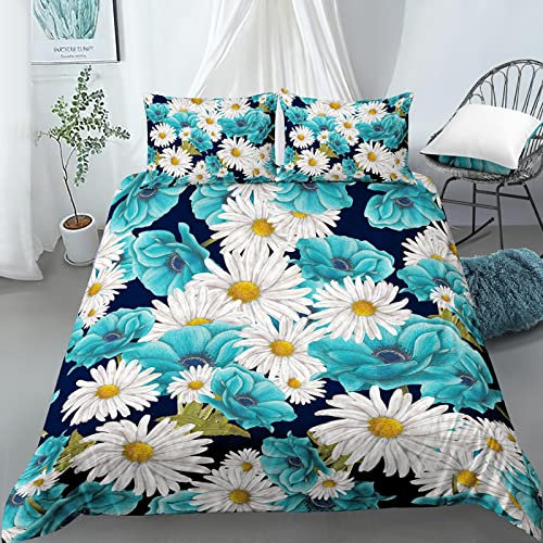 Fundas Nordicas Cama 135 Crisantemo Azul Ropa de Cama para Niños Adultos con Cremallera Suave Transpirable 110gsm Microfibra Fundas Nordicas 230x220 cm + 2 Fundas de Almohada 50x80 cm