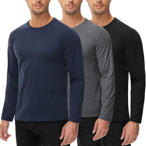 Långärmad tröja för män 100 % bomull 3-pack t-shirt rund hals basic mesh bomull långärmad skjorta långärmad herr, Svart/kolgrå/mörkblå, S