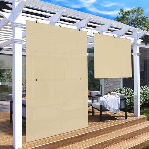 Patio Shades Roll Up Outdoor 6'Wx6'H Foldable Roller Shade Patio Blinds Exterior Block Sun Screen for Outside Porch Deck Balcony Pergola Carport, Beige