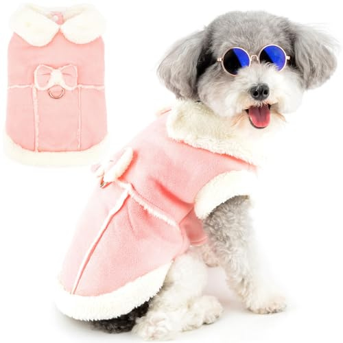 Zunea Manteau d'hiver pour chien et chat de petite taille - Veste en polaire de cisaillement pour chien et chat avec anneau en D - Joli vêtement avec nœud - Doux et chaud - Coupe-vent pour temps froid