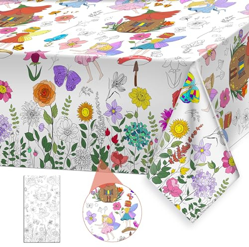 Giant Fairy Coloring Tablecloth for Kids - Large Flower Fairies Theme Table Cover for Girls Wonderland Forest Garden Spring Floral Fairy Birthday Party Supplies Baby Shower Decorations 54x108 Inch