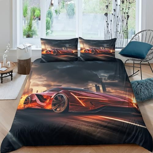 CRJUS Speed Sport Auto Betten Set Für Kinder Erwachsene Mädchen Bettbezug Set Racing Autos Bettwäsche Set Für Schlafzimmer, Weiche Bequemer King（220x240cm）