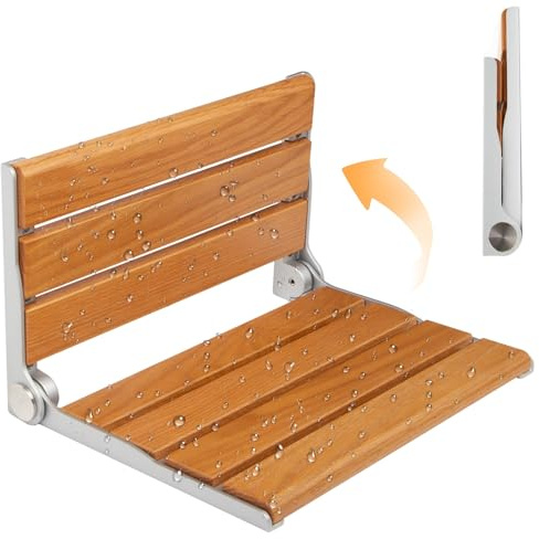 Folding Shower Seat Wall Mounted, Foldable Shower Chair, Solid Wooden Chair Stainless Steel Frame 400 Lbs, Space-Saving Fold-Up Shower Seat