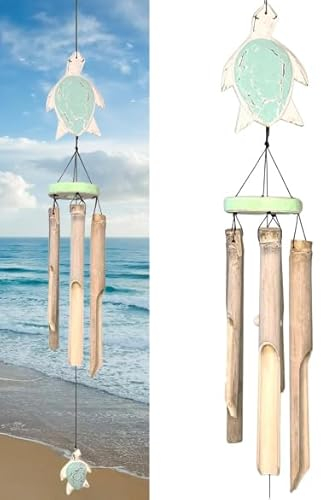 Rustikales Windspiel aus Bambus und Holz mit Meeresschildkröte, für den Außenbereich, Used-Look, weiß getüncht und blaugrün, natürlicher, schöner, entspannender Klang