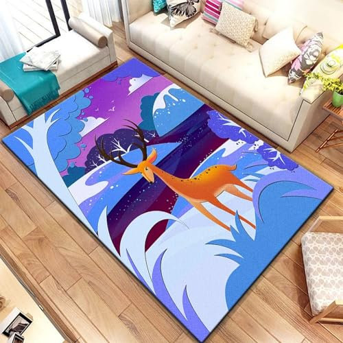 3D Gedruckt Bettvorleger Rutschfeste Area Teppich, Elch Waldtier Hirsch Cartoon-Zeichnung 3D Optische Illusion Teppiche Weich Flanell Bodenteppich Wohnzimmer Schlafzimmer Throw Runner Teppiche -1Q4V3L