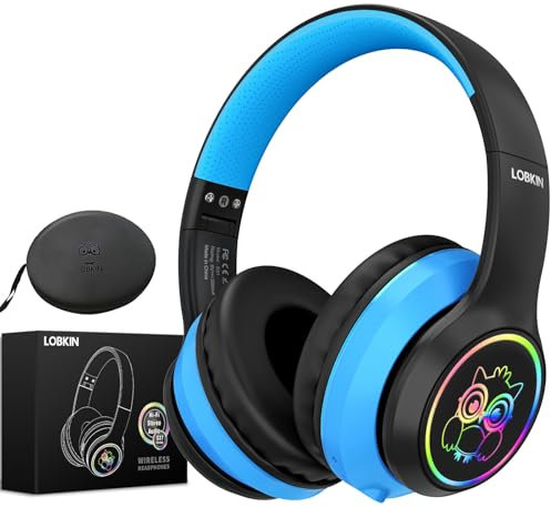 LOBKIN Casque Enfant, Casque Bluetooth Chat Enfant avec Sac, sans Fil et Filaire, Casque Musique Garcon Pliable Réglable pour École, Voyage