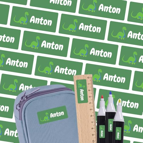 Namensaufkleber für Stifte & Lineal (35 Sticker) – Aufkleber mit Name und Dino für Schulstifte oder Geodreieck – Ideal für Schule und Kindergarten – Spülmaschinenfest, 30 x 13 mm