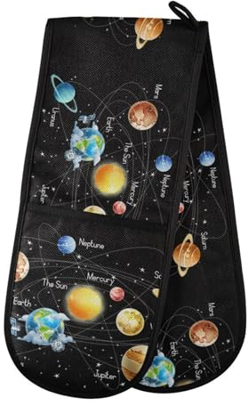Double Oven Gloves Heat Resistant Solar System Planets Double Oven Mitts Pot Holder Heat Protection Oven Gloves for Home Kitchen Baking Cooking BBQ Microwave