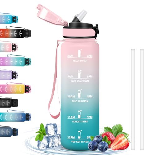 Borraccia 1 Litro, Borraccia Palestra Senza Perdite, Bottiglie Motivazionale con Scala Temporale, Bottiglia con Cannuccia, Facile da Pulire, Borraccie per Sport, Fitness, Ciclismo, Corsa, Rosa-Ciano