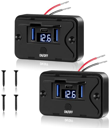 Daakro 2 Stück 72W USB Ladebuchse 12V Autoladegerät Mit Voltmeter Dual | QC3.0 USB & PD3.0 Typ C Handy Schnellladegerät Wasserdicht mit Schalter für 12 V / 24 V Wohnwagen, Auto, Motorräder, LKW