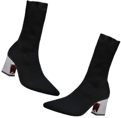 SOIMISS Botas de Calcetín de Tacón Grueso Punta Puntiaguda Mujer Negro