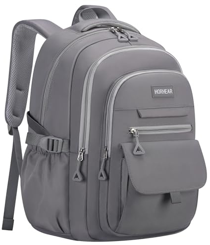 HORHEAR Sac à dos d'école pour filles, sac à dos esthétique pour femme, joli sac à dos à livres Preppy College, gris, Standard, Style simple (Gris) | Grand sac décontracté multi-poches, sac à dos de couleur unie pour filles et femmes