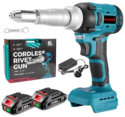 ONEVAN Cordless Rivet Gun Battery Riveting Pliers - with 260 N·m Max Torque, Cordless Pop Rivet Stroke Length 20 mm, with 2 2000mAh Batteries of for 2.4-5.0 mm Blind Rivets