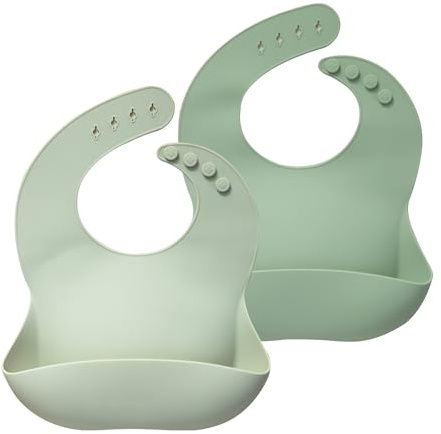 Moonkie Baby Bibs, 2Pcs Silicone Feeding Bibs for Babies and Toddlers, Waterproof weaning bib, BPA Free Soft Adjustable Wide Food Crumb Catcher Pocket(Frosted Mint/Celadon Green)