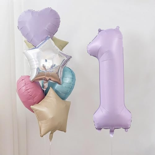 KOBOKO Lila Luftballons 1.Geburtstag, 7 Stück Pastell Ballon 1 Geburtstag, Luftballon Bunt Geburtstagsdeko 1 Jahr Mädchen, Baby 1 Jahr Deko Luftballons Lila, 40 Zoll Folienballon 1 für Babyparty Deko