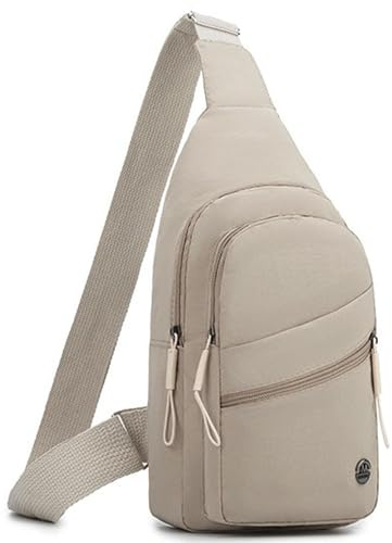 Veyarien Small Sling Bag, Lightweight Travel Crossbody Chest Bags for Women Men Kids, Water Resistant Cross Body Over Shoulder Bag for Runner Workout Hiking Cycling Travelling Outdoor (Beige)