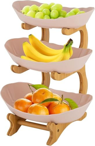 Fruit Bowl 3 Tier Fruit Basket with Bamboo Stand for Snack Dessert Candy Storage Big Capacity Countertop Organizer Keeps Veg Fresh for Kitchen Party Weddings (Pink)