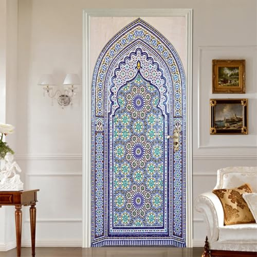 Türtapete Selbstklebend Arabisch-blauer Bogen Türposter Türaufkleber 95x215 cm Türfolie Poster Foto Wohnzimmer Schlafzimmer Badezimmer Wasserdicht Abnehmbare