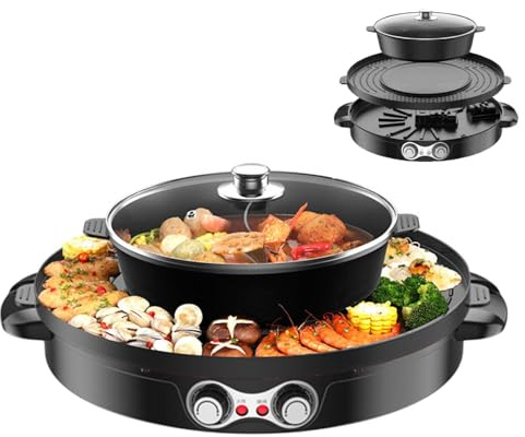 Elektrisk Hot Pot 2 200 W, 2-i-1 BBQ grillplatta, bärbar bordsgrill hotpot-gryta med non-stick-beläggning, elektrisk avtagbar kastrull för biffar kött grönsaker (svart)