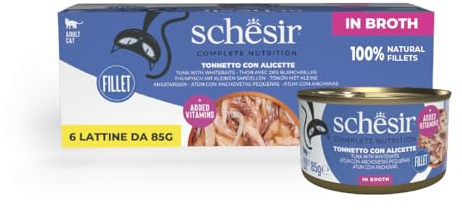 Schesir, Atún con Anchoitas en Caldo, Comida Húmeda Completa para Gatos, en Lata, con Vitaminas Añadidas, 100% Natural, 6 x 85 g
