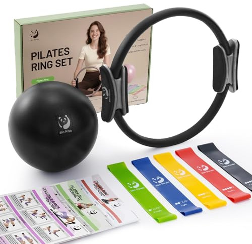 Slim Panda Pilates Ring Set, 14 Inch Durable Circle with Padded Handles, Include Pilates Ball, Resistance Bands, Guide & Carry Bag