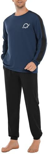 Crewhpo Pijama Invierno Hombre Algodón 2 Piezas Largo Camiseta y Pantalones