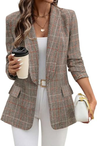 ELLEVEN Womens Casual Plaid Blazer Shawl Collar Long Sleeve Boyfriend Blazer Suit Houndstooth Plaid Blazer Dressy Coat Jacket Business Work Office Blazer Suits Brown Plaid X-Large