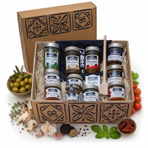 Casa Zarrella Geschenkbox Selection – Antipasti Box mit 12 Spezialitäten | Italienischer Geschenkkorb mit Oliven, Bruschetta, Trüffel & Pesto - Gechenkkorb gefüllt - Präsentkorb