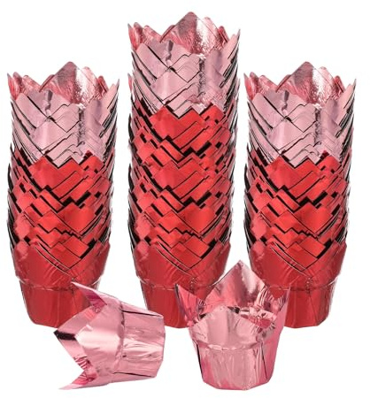 QUARKZMAN 100 Pcs Moldes Para Cupcakes Tulipán, Moldes Para Muffins De Papel De Aluminio, Vasos Para Hornear, Moldes Para Muffins Para Suministros De Fiestas De Boda, Rojo/Rosa Dorado